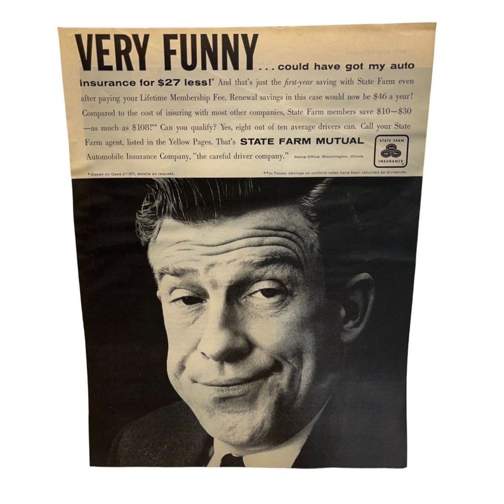 Vintage 1958 Print Ad State Farm Mutual Insurance Auto Home Funny Face